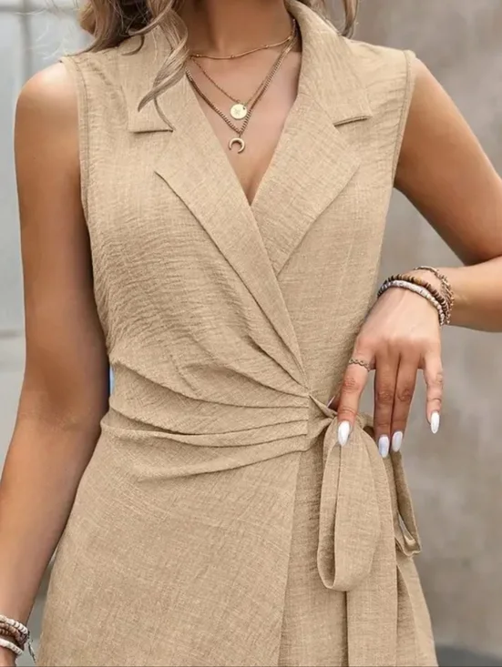 Sleeveless Tie Waist Beige Shorts Set - Picture 2 of 7